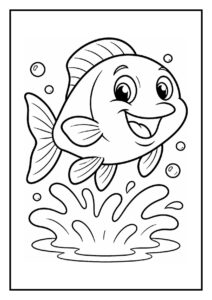Leuke kleurplaat van een vrolijke vis die uit het water springt met bubbels eromheen.