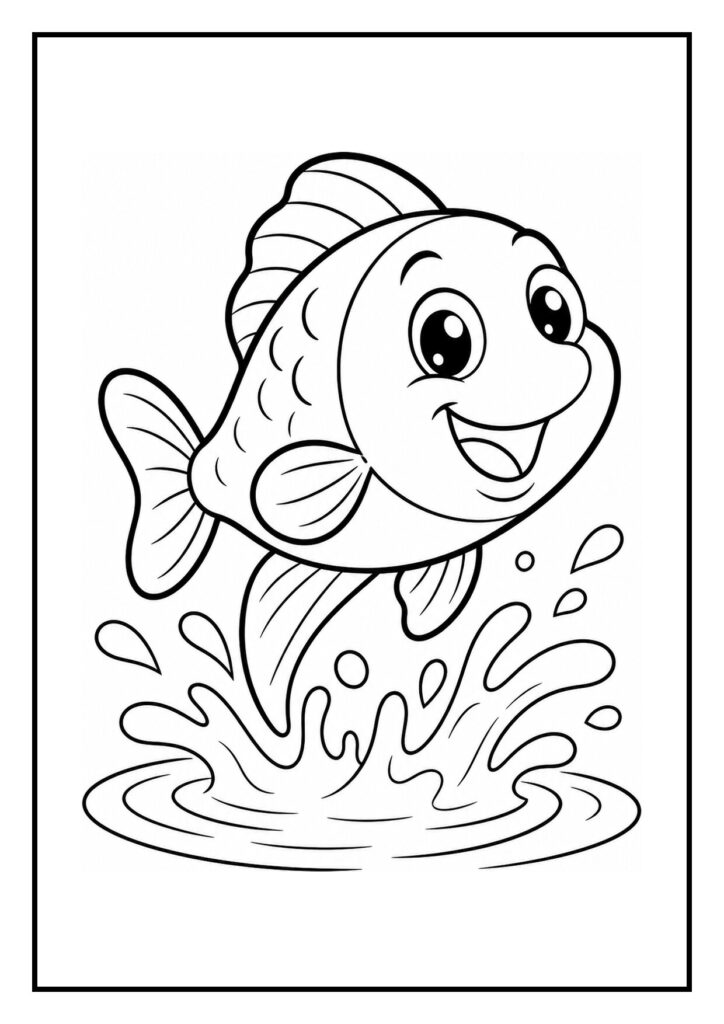 Leuke kleurplaat van een vrolijke vis die uit het water springt met spatwater eromheen.
