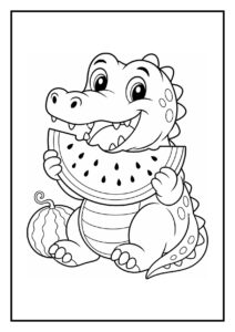 Kleurplaat van een schattige onbekende dinosaurus die blij een grote plak watermeloen eet