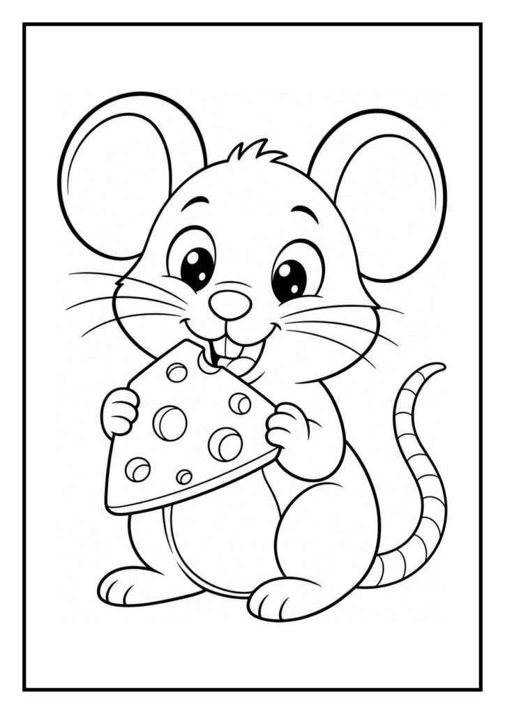 Schattige kleurplaat van een muis die door een sok glijdt terwijl hij een stuk kaas vasthoudt en lacht