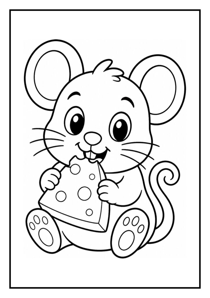 Kleurplaat van een vrolijke schattige muis die onder een blad zit en een stuk kaas eet