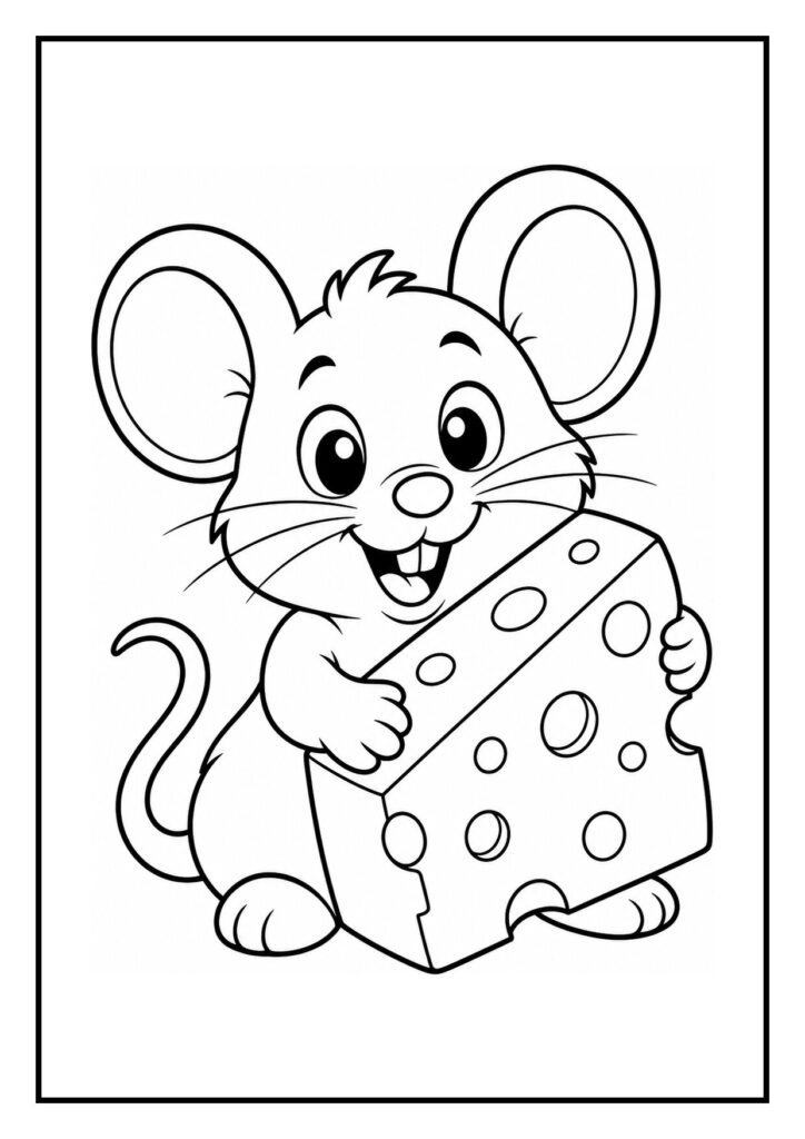 Kleurplaat van een vrolijke, schattige muis die een stuk kaas vasthoudt met een appel die valt.