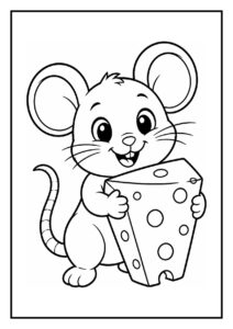Kleurplaat van een vrolijke muis die uit de lucht een pretzel grijpt, geschikt voor jonge kinderen.