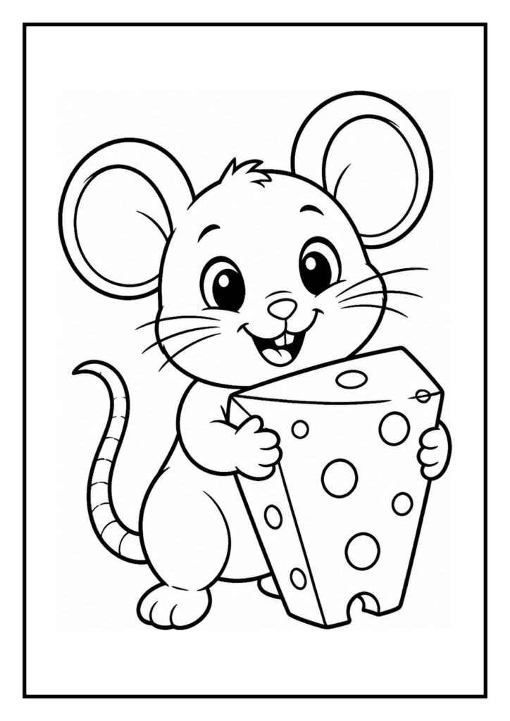 Kleurplaat van een vrolijke muis die uit de lucht een pretzel grijpt, geschikt voor jonge kinderen.