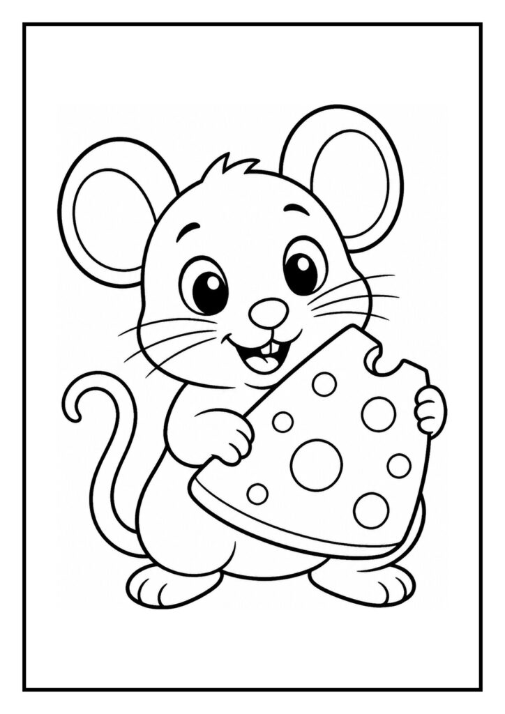 Vrolijke muis die uit een cadeaupop-up kaart komt en een stuk kaas vasthoudt