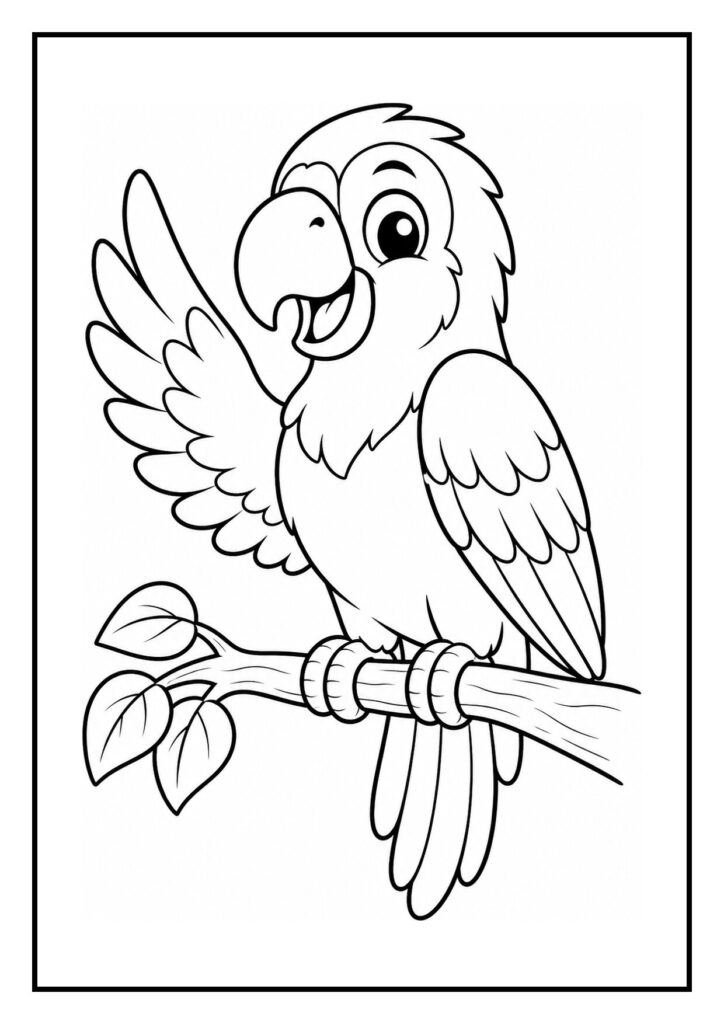 Vrolijke papegaai op een tak die een tropische vrucht pakt, kleurplaat met lachende vogel en jungle thema