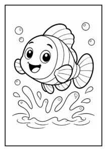 Kleurplaat van een vrolijke vis die door een kring van bubbels in het water zwemt