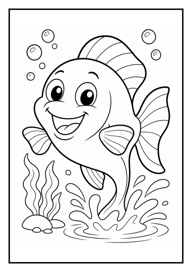 Kleurplaat van een vrolijke vis die speelt en verstopt zit tussen koraal met bubbels en waterplanten rondom