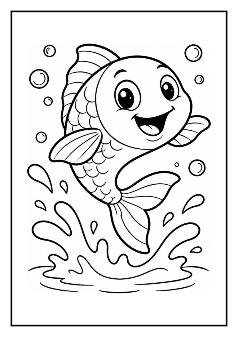 Kleurplaat van een schattige, vrolijke vis die uit het water springt en bubbels opvangt.