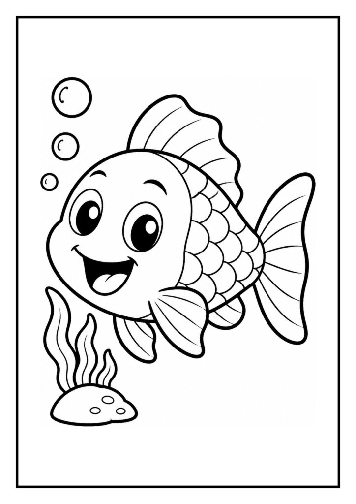 Vrolijke kleurplaat van een schattige vis met grote ogen en meerdere kleine schooltjes die hem volgen in de oceaan met bubbels