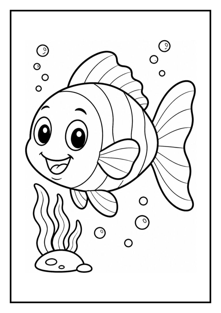 Leuke kleurplaat van een vrolijke vis die onder water zwemt met bubbels en zeeplanten.