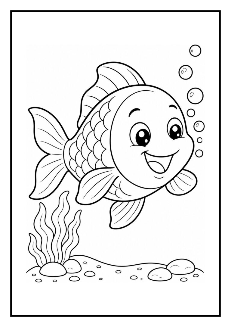 Kleurplaat van een schattige vis met een glimlach, zwemmend achter een parel tussen bubbels in een vrolijke onderwateromgeving