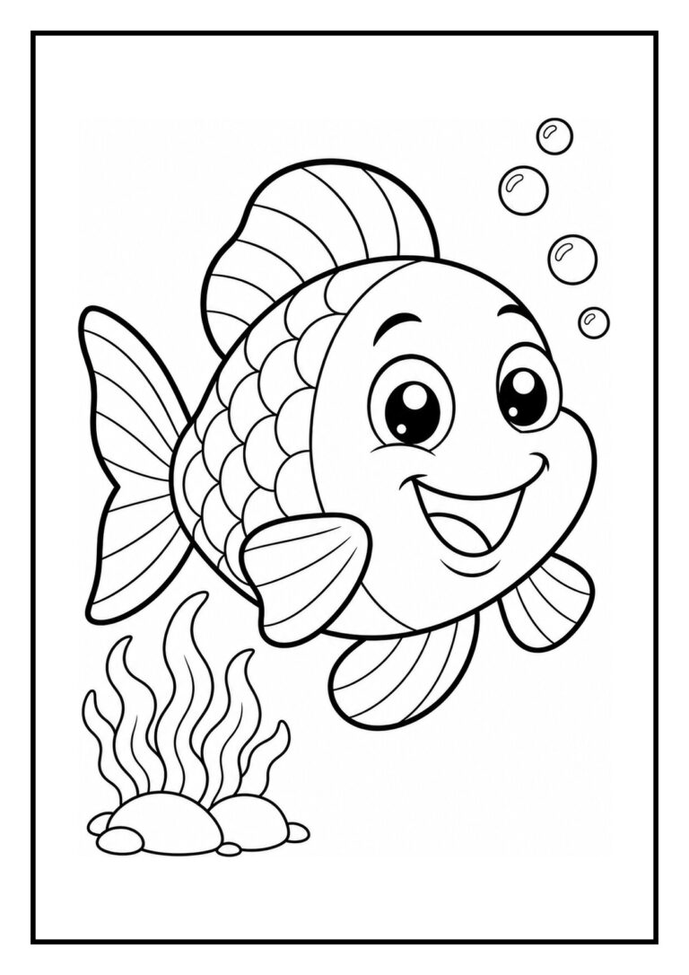 Leuke kleurplaat van een schattige vis onder water die een kleine zeepbel ballon achter zich aan trekt met bubbels en zeewier