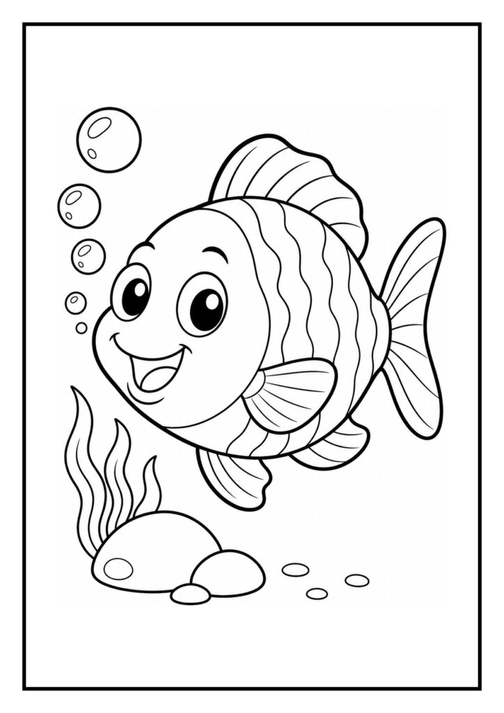 Leuke kleurplaat van een schattige vis die vrolijk door het water zwemt met belletjes en onderwaterplanten.