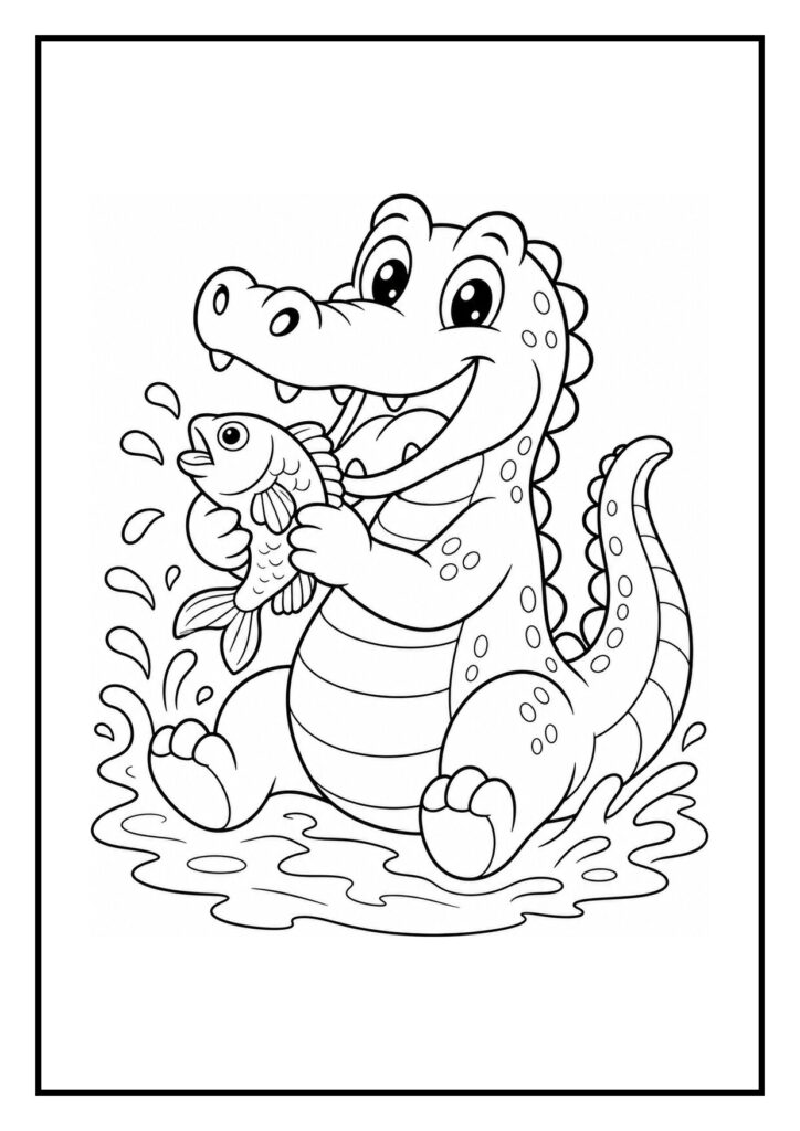 Vrolijke krokodil die in het water zit en een vliegende kever achterna zit