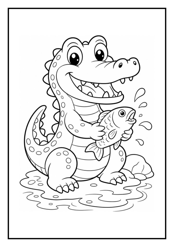 Vriendelijke krokodil die blij een vis vasthoudt in het water, eenvoudig getekend
