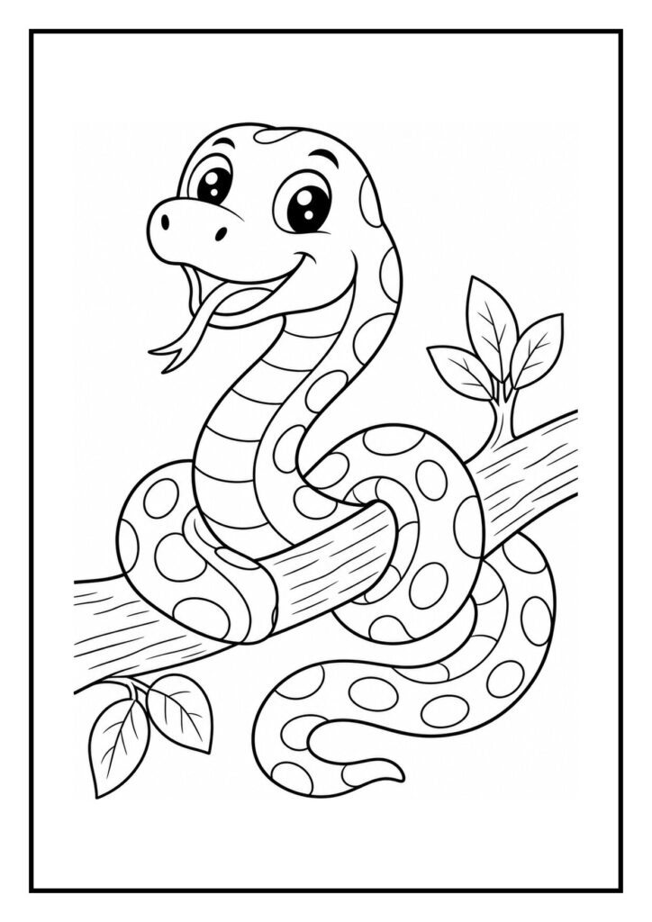 Leuke kleurplaat van een vrolijke, cartooneske slang die om een tak met bladeren kronkelt.