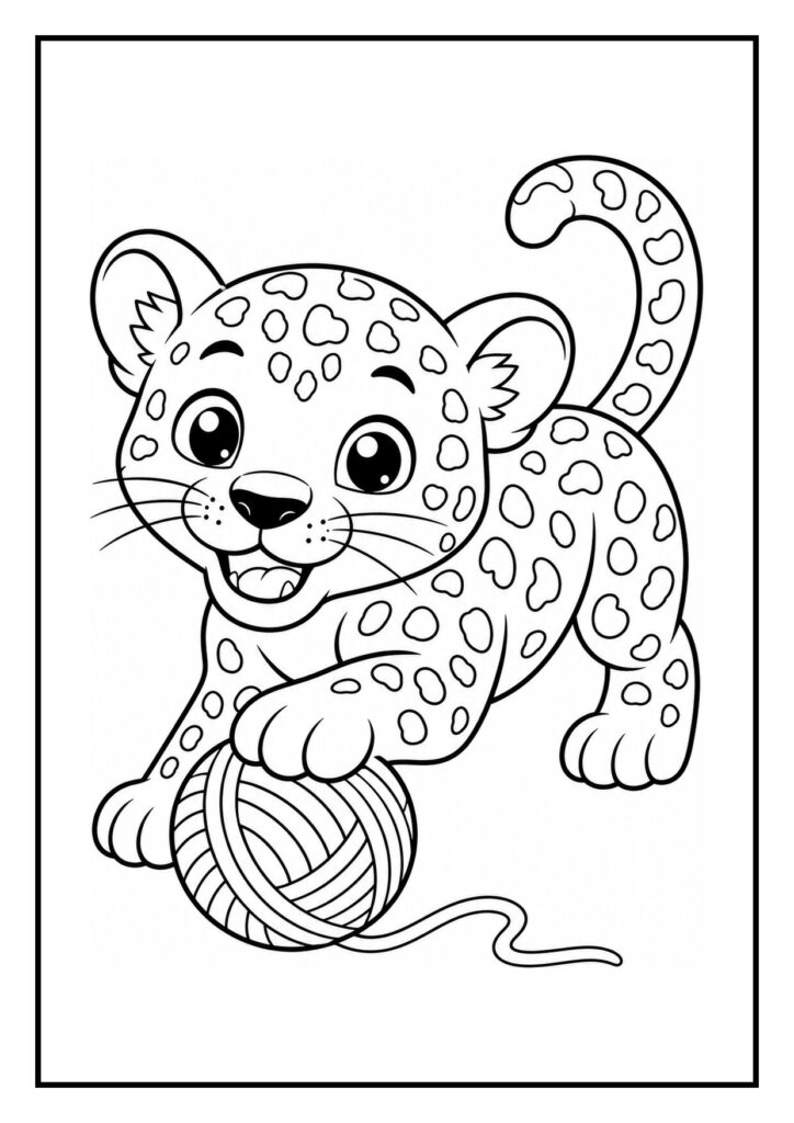Leuke kleurplaat van een schattige panter die naar een lage tak springt om een fruitpakje uit de jungle te pakken.