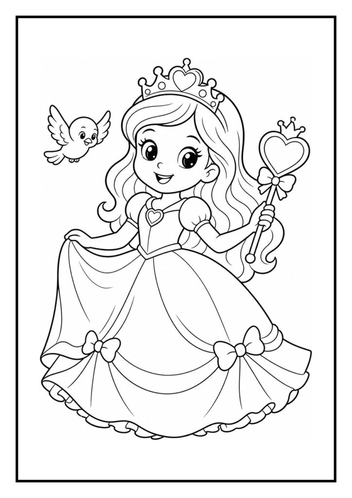 Kleurplaat van een vrolijke prinses met een toverstokje en een vliegende vogel bij een geheime tuinpoort