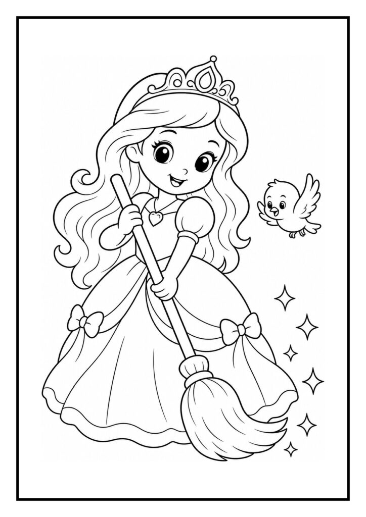 Kleurplaat van een vrolijk prinsesje met een toverstaf en een vogelletje ernaast, tovert bloemen tevoorschijn.