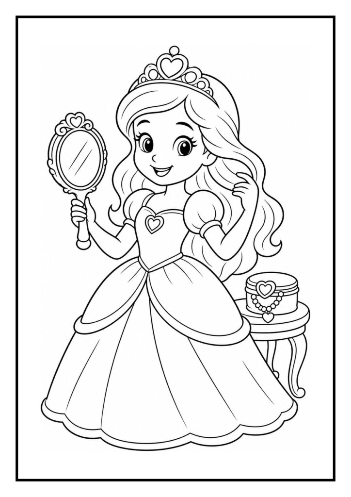 Kleurplaat van een vrolijke prinses die in een handspiegeltje kijkt en haar haar vasthoudt, met een sieradenkistje op een tafeltje naast haar.