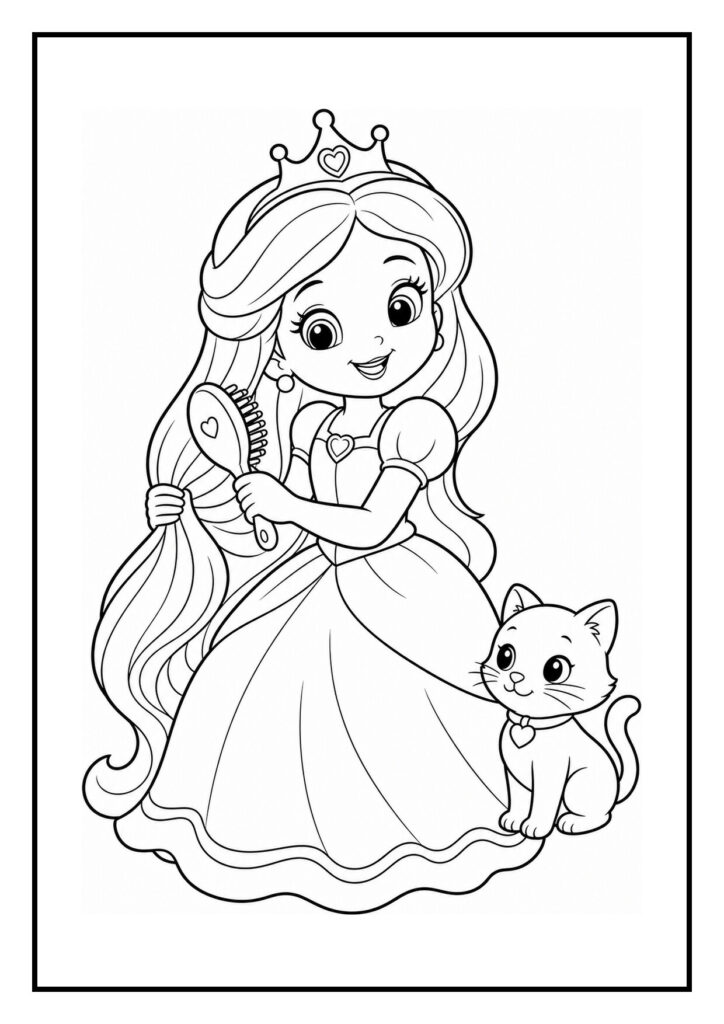 Kleurplaat van een prinses die haar eenhoornvriend verzorgt met een haarborstel, terwijl er een kat naast haar zit.
