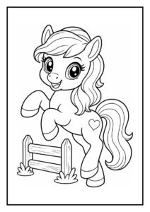 Kleurplaat van een vrolijk en schattig pony'tje dat uit een emmer drinkt na het rennen