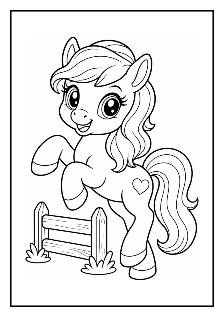 Kleurplaat van een vrolijk en schattig pony'tje dat uit een emmer drinkt na het rennen