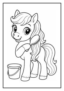 Kleurplaat van een vrolijke, schattige pony die nieuwsgierig zijn kop in een voederbak steekt.