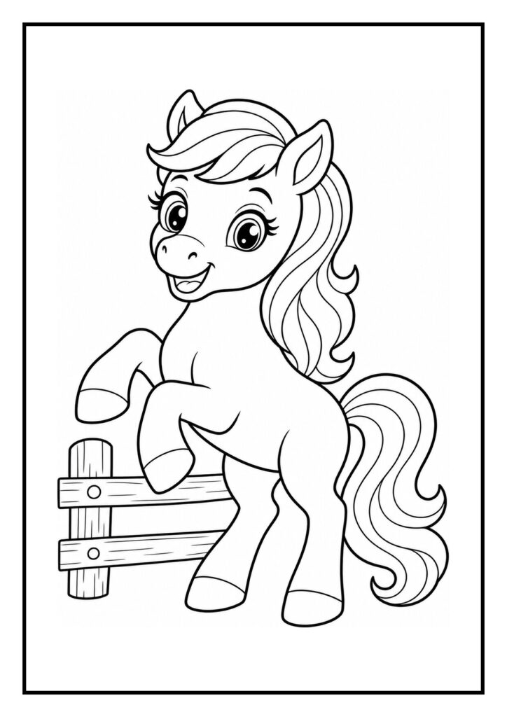 Kleurplaat van een vrolijke pony die zijn benen wast in een wasplaats op de boerderij.