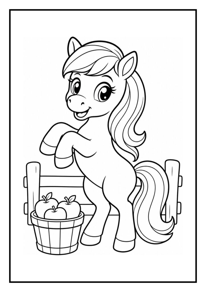 Vrolijke kleurplaat van een schattige pony die een galopsprong maakt door een plas met een mand appels en een houten hek op de achtergrond