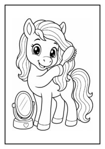 Kleurplaat van een pony die water drinkt uit een vijver met grote waterlelies