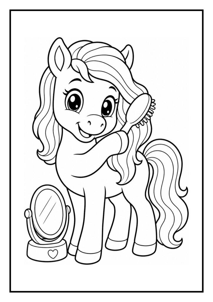 Kleurplaat van een pony die water drinkt uit een vijver met grote waterlelies