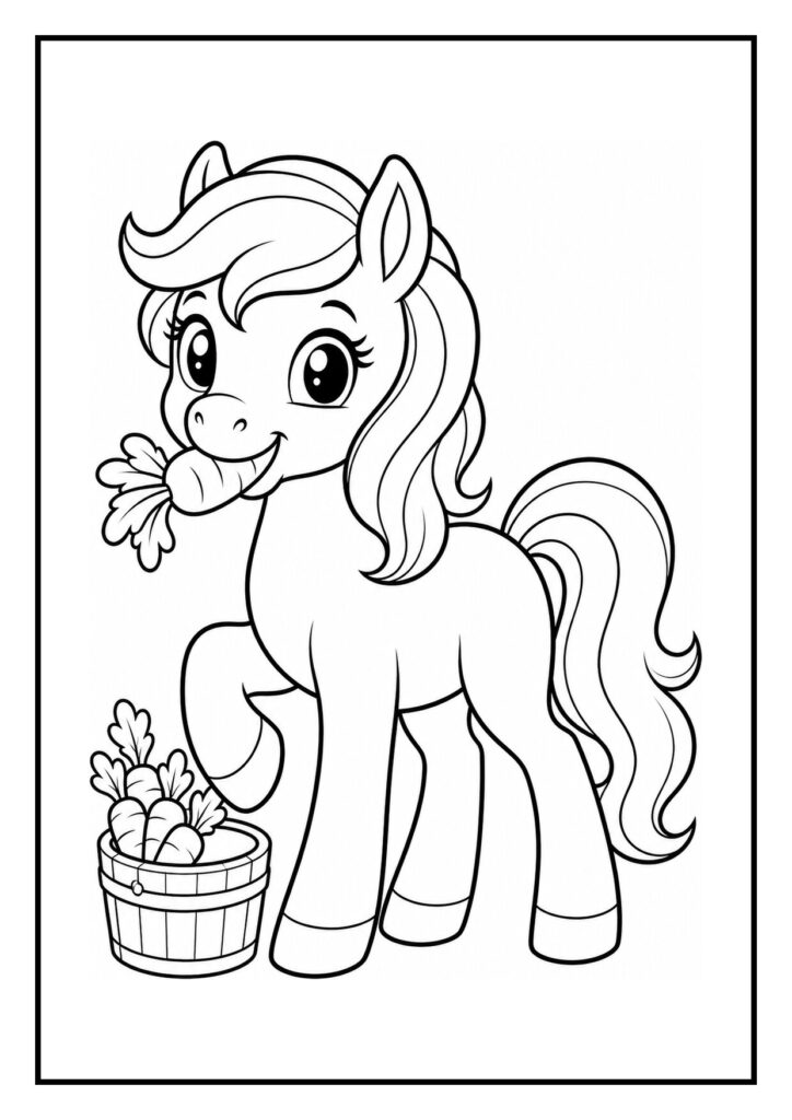 Kleurplaat van een schattige pony die bijna tegen een zachte hooibaal botst tijdens het spelen