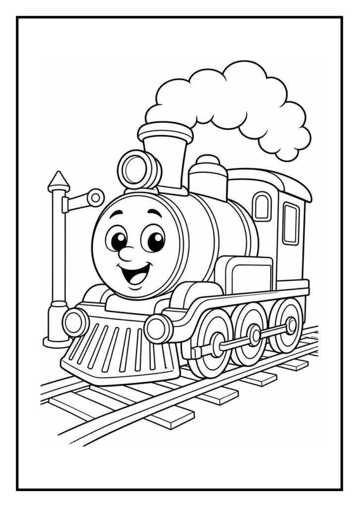 Kleurplaat van een lachende stoomlocomotief op een spoor met rook uit de schoorsteen.
