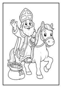 Kleurplaat van Sinterklaas die op het paard Ozosnel rijdt, zwaaiend met een zak vol cadeaus naast zich.