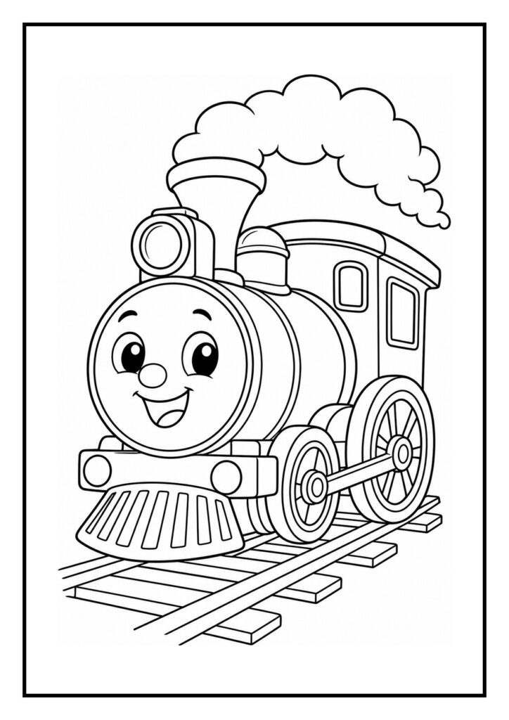Vrolijke kleurplaat van een lachende stoomlocomotief met rook en wielen op het spoor naast een auto die tegelijk vertrekt