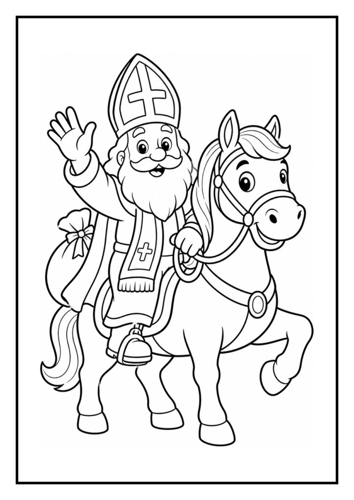 Kleurplaat van Ozosnel die vrolijk over een stapel pakjes springt met Sint Nicolaas op zijn paard ernaast