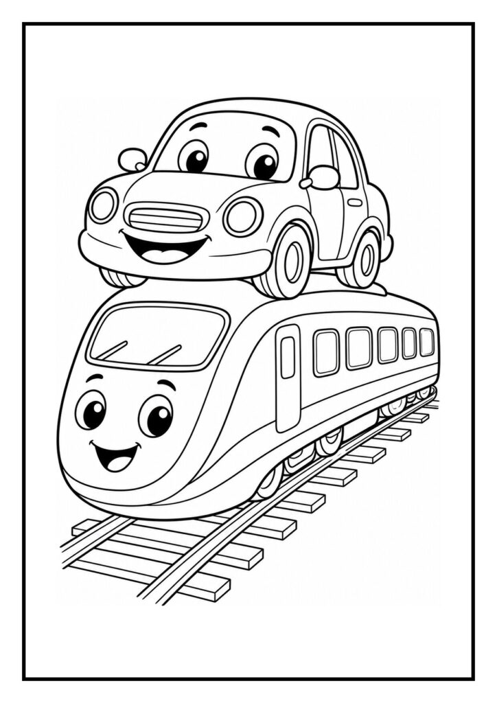 Kleurplaat van een vrolijke trein met een lachende auto die de trein inhaalt bij een bocht, beiden met grote vriendelijke ogen en glimlach.
