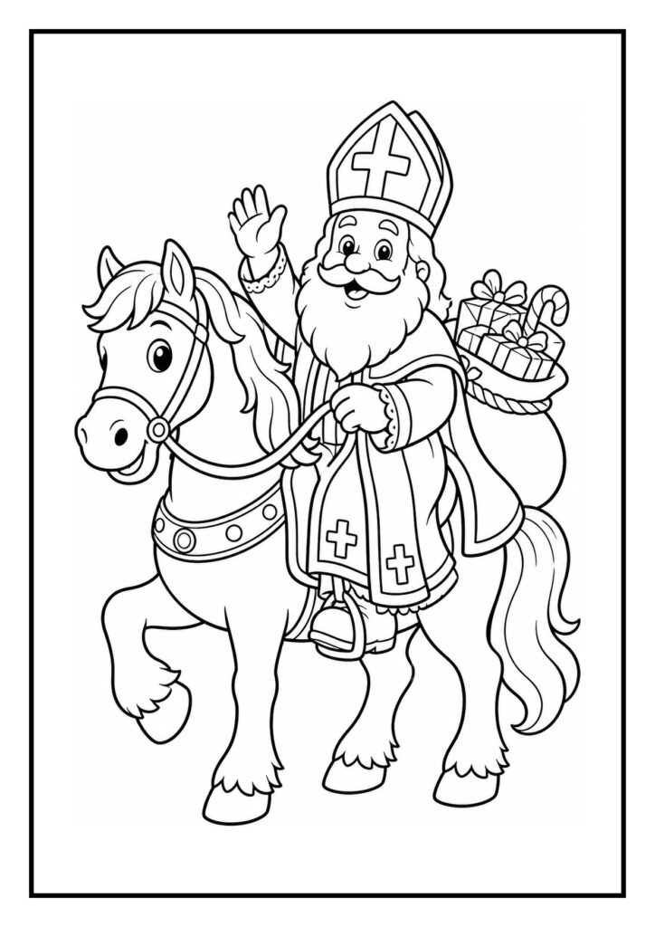 Kleurplaat van Sint op een paard met een zak vol cadeaus achter hem, die vrolijk hand zwaait tijdens het strooien van pepernoten.