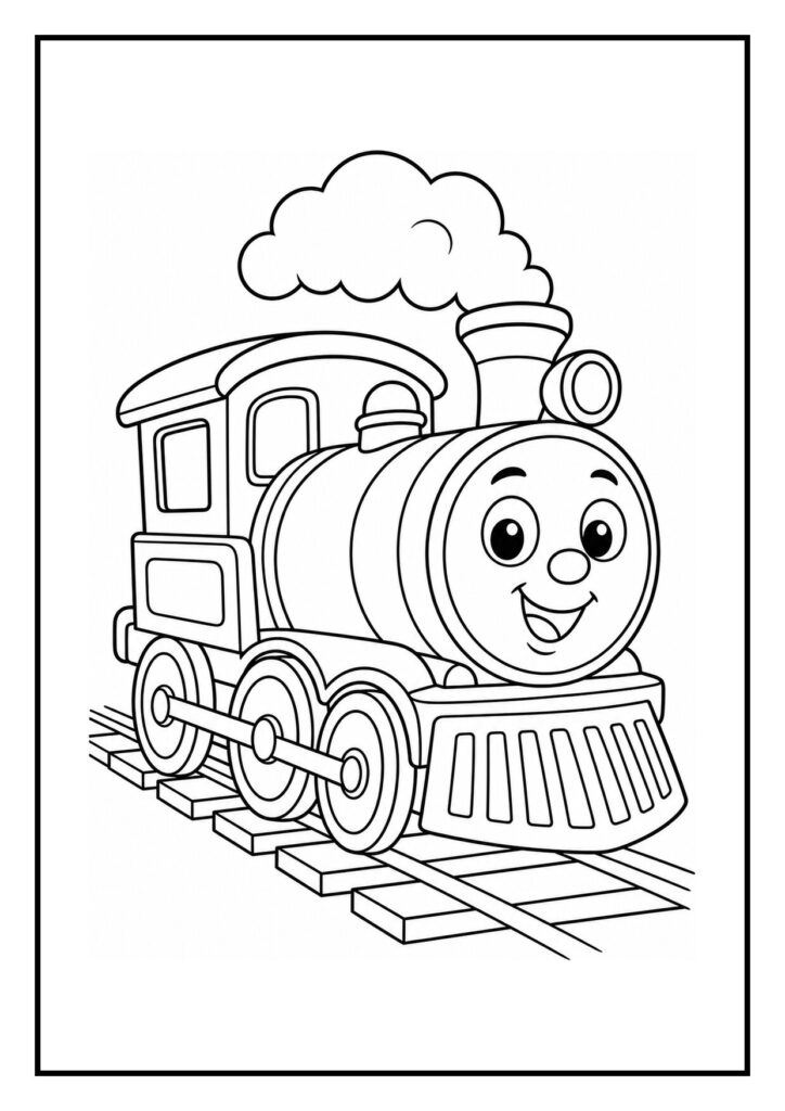 Leuke kleurplaat van een vrolijke trein met een lachend gezicht en rook uit de schoorsteen samen met een auto in een tunnel
