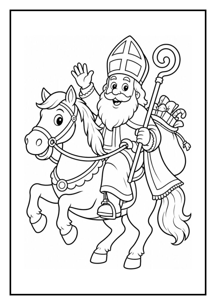 Kleurplaat van vrolijke sinterklaas die op een paard rijdt met cadeaus in zak