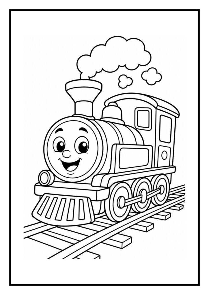 Leuke kleurplaat van een vrolijke stoomlocomotief met een lachend gezicht die stopt bij de treinlichten op het spoor.