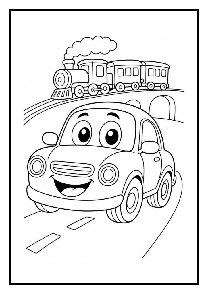 Schattige kleurplaat met een lachende kleine auto en een stoomtrein op een spoor op de achtergrond