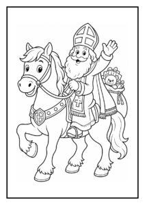 Vrolijke kleurplaat van sinterklaas die op een paard zit en zwaait met een zak vol cadeautjes en een teddybeer.
