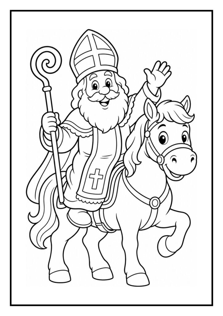 Kleurplaat van Sinterklaas op een paard met Ozosnel die vrolijk door de sneeuw stapt.