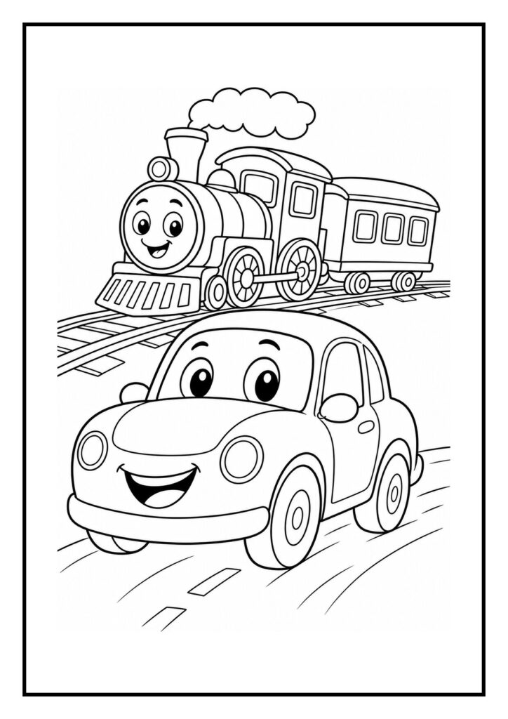 Kleurplaat van een vrolijke auto en een vriendelijke locomotief op de spoorrails in de stationsstraat