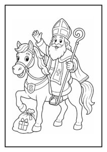 Kleurplaat van Sint Nicolaas op een paard met een kleine pakjeswagen die door Ozosnel wordt getrokken tijdens Sinterklaas