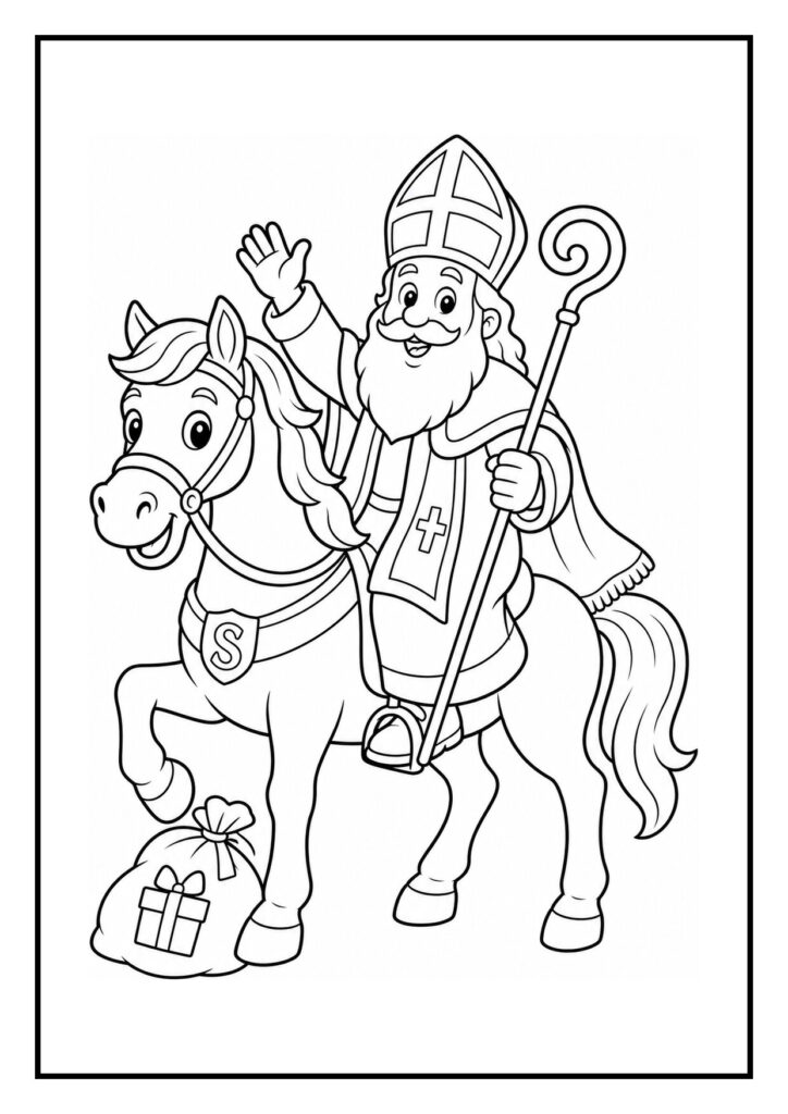 Kleurplaat van Sint Nicolaas op een paard met een kleine pakjeswagen die door Ozosnel wordt getrokken tijdens Sinterklaas