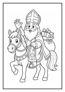 Kleurplaat van Sinterklaas op een paard met een zak vol cadeautjes, vrolijke en schattige stijl